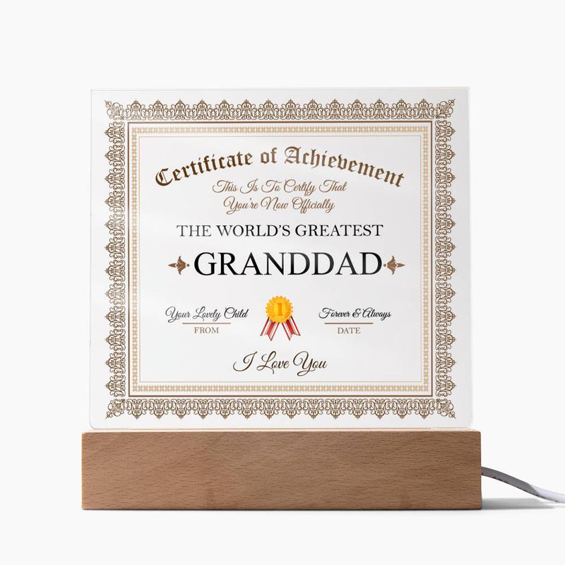 Acrylic Square Plaque - Certificate of Achievement Granddad