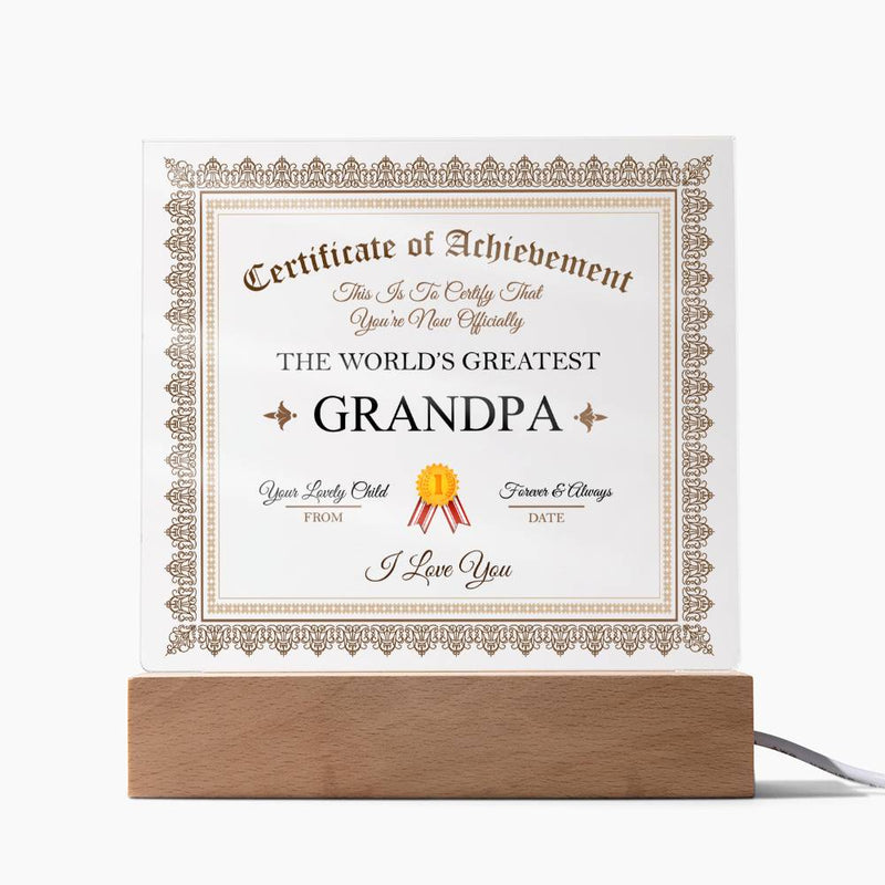 Acrylic Square Plaque - Certificate of Achievement Grandpa