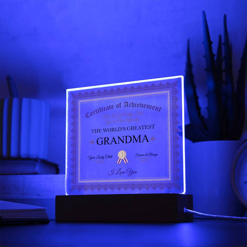 Acrylic Square Plaque - Certificate of Achievement Grandma