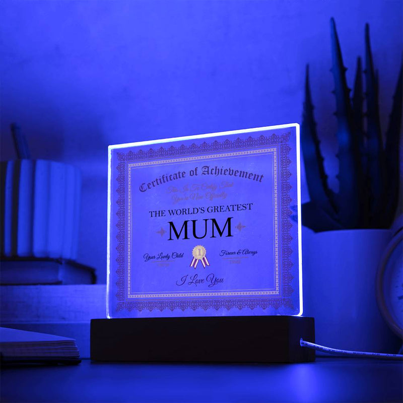 Acrylic Square Plaque - Certificate of Achievement Mum