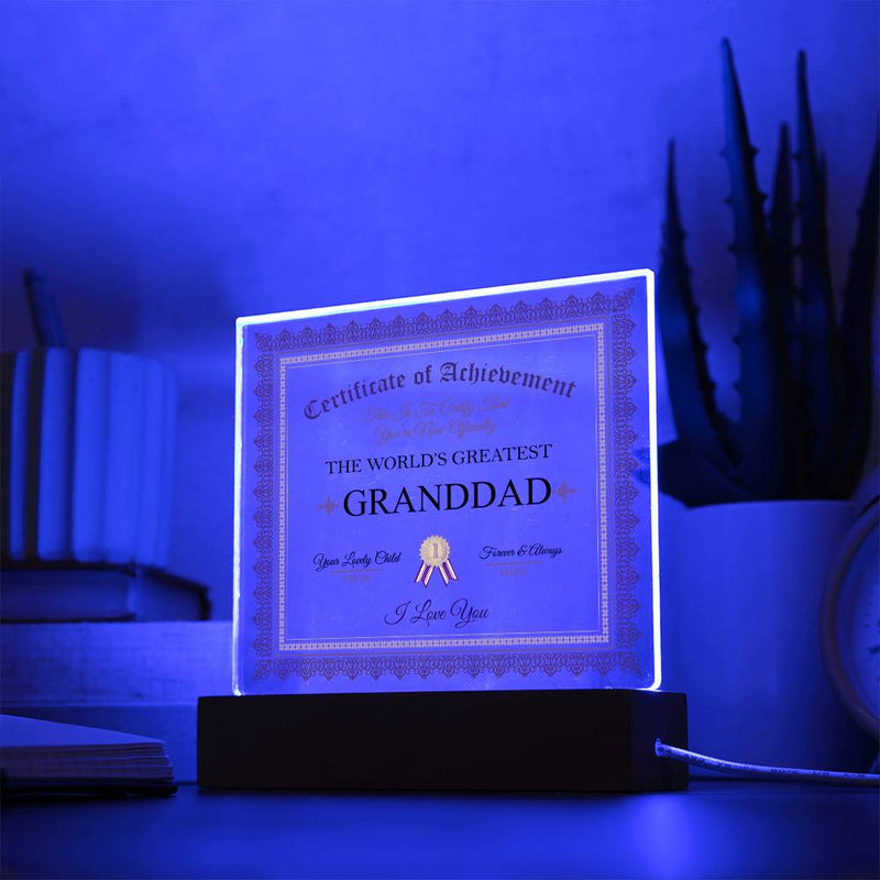 Acrylic Square Plaque - Certificate of Achievement Granddad