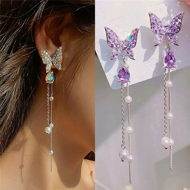 Pendientes largos de diamantes de imitación con flecos de moda de aguja de plata S925