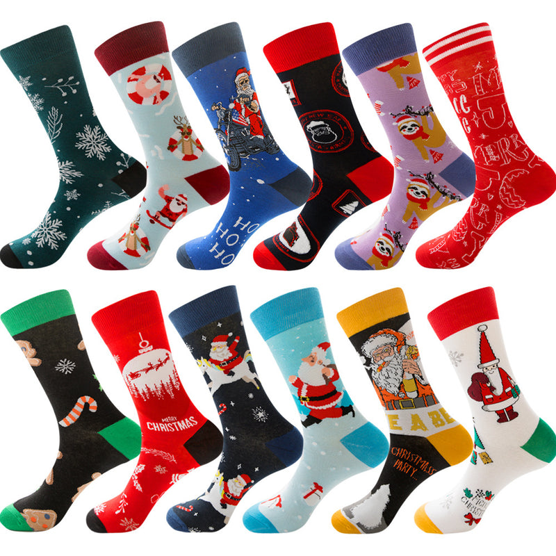 Fashion Christmas 12 Color Elk Santa Snow Socks