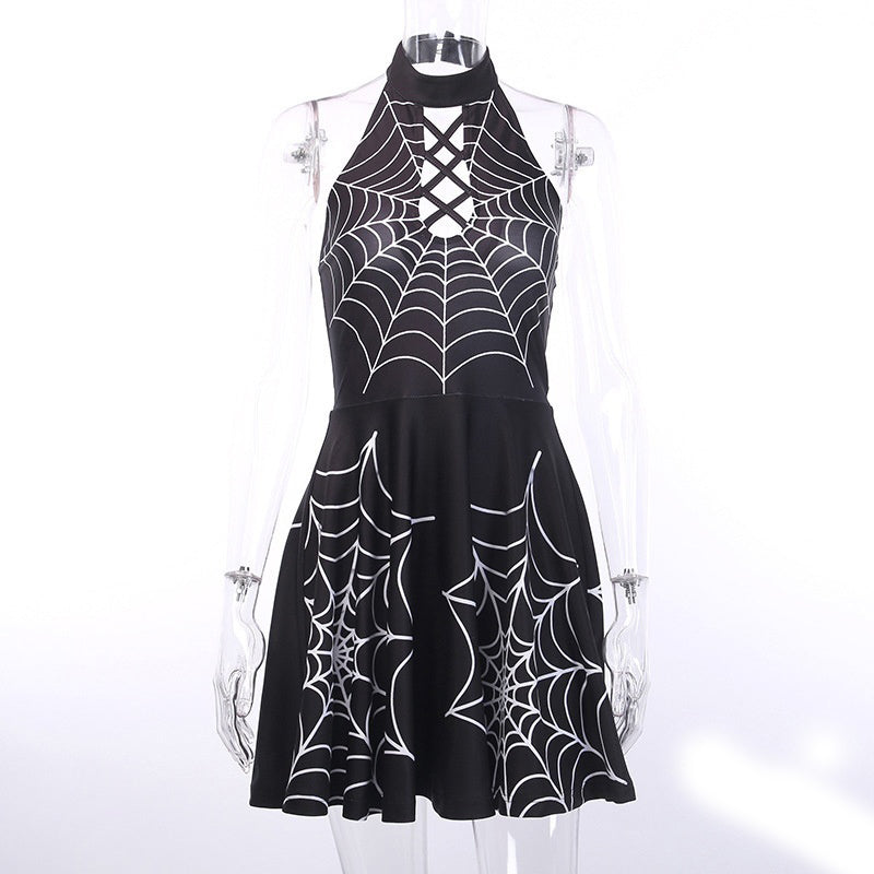 Halter Hollow Cross Spider Web Personalized Print Dress