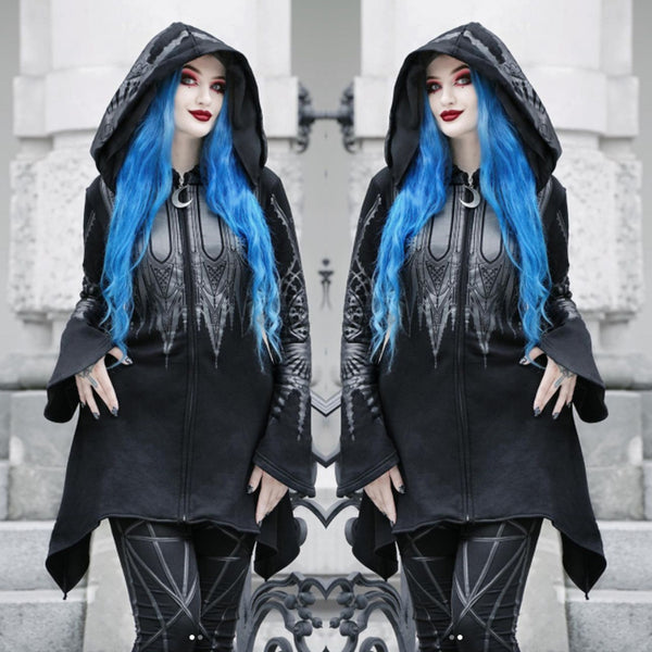 Halloween Cosplay Hoodie Women's Punk Black Long Hooded Printed Sweater