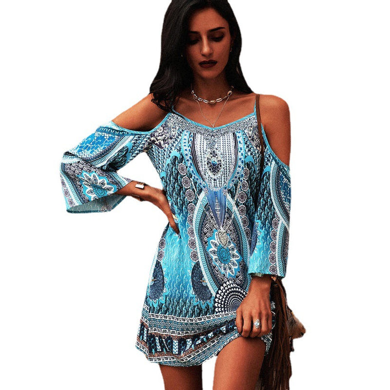 Women's Summer Printed V-neck Hollow-out Short Sleeve Suspenders Dress