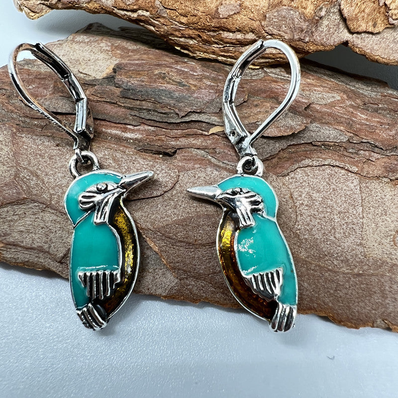 Pendientes de pájaro de plata turquesa estilo natural para mujer