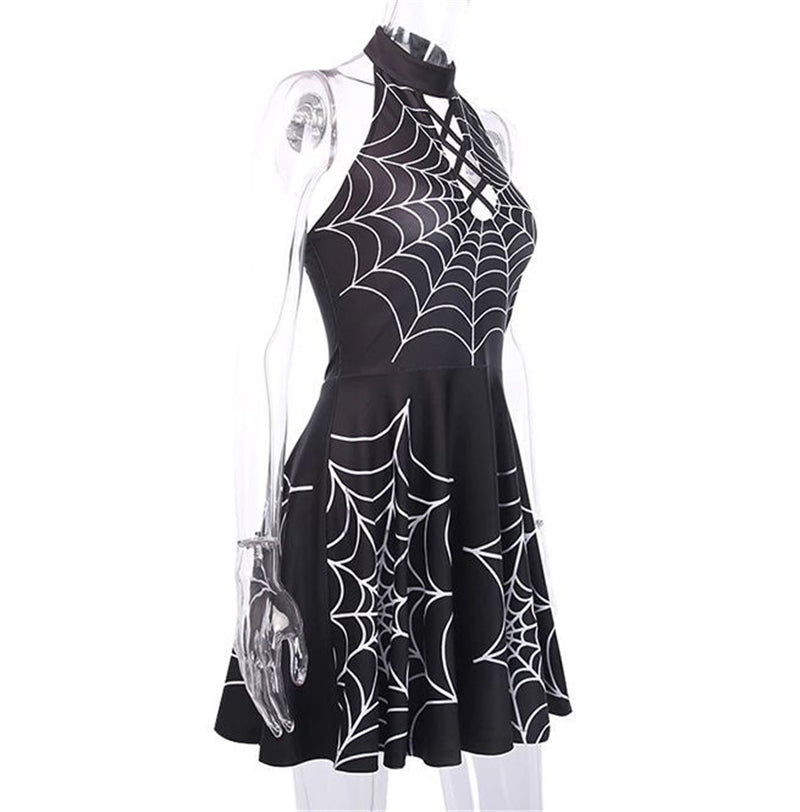 Halter Hollow Cross Spider Web Personalized Print Dress