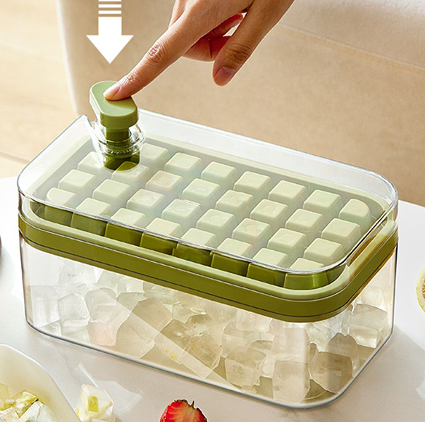 Caja de moldes para hielo tipo prensa de un botón, fabricante de cubitos de hielo de plástico, bandeja con molde con caja de almacenamiento con tapa, barra, accesorios de cocina