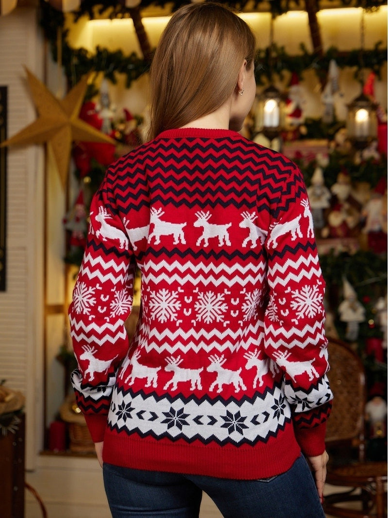 Women's Christmas Reindeer Xmas Snowflake Patterns Knitted Sweater Long Sleeve Elk Floral Printed Pullover