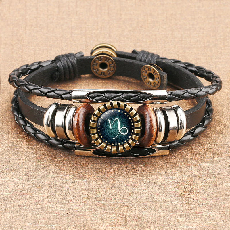 Pulsera de cuero multicapa 12 constelación signo del zodíaco hombres pulseras trenzadas