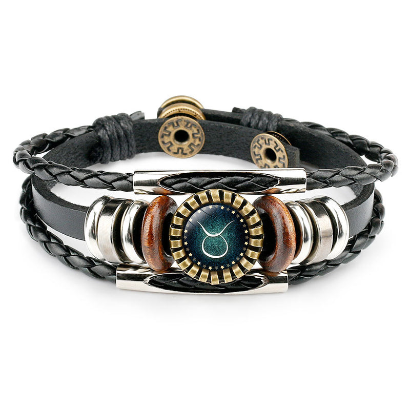 Pulsera de cuero multicapa 12 constelación signo del zodíaco hombres pulseras trenzadas