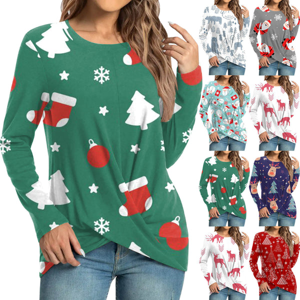 Women's Fashion Casual Christmas Element Printing Round Neck Long Sleeve Top