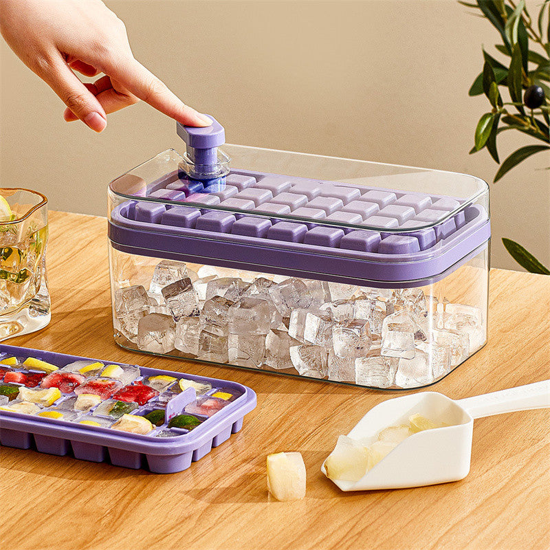 Caja de moldes para hielo tipo prensa de un botón, fabricante de cubitos de hielo de plástico, bandeja con molde con caja de almacenamiento con tapa, barra, accesorios de cocina