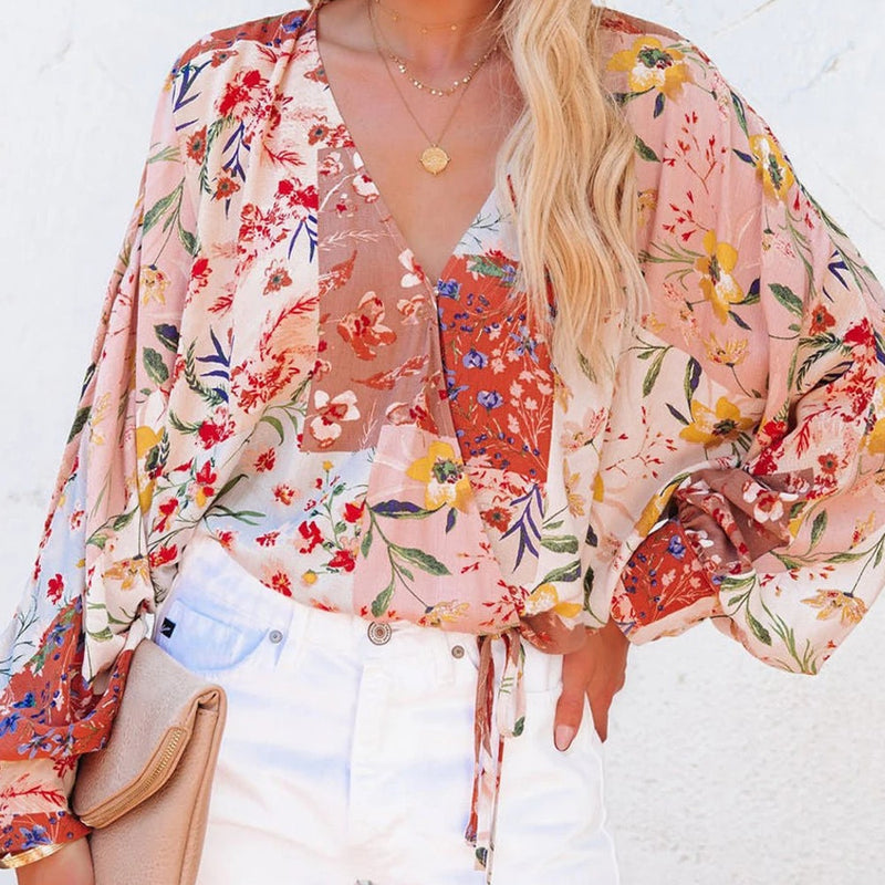 Camisa casual holgada de manga larga con cuello en V floral de primavera y verano