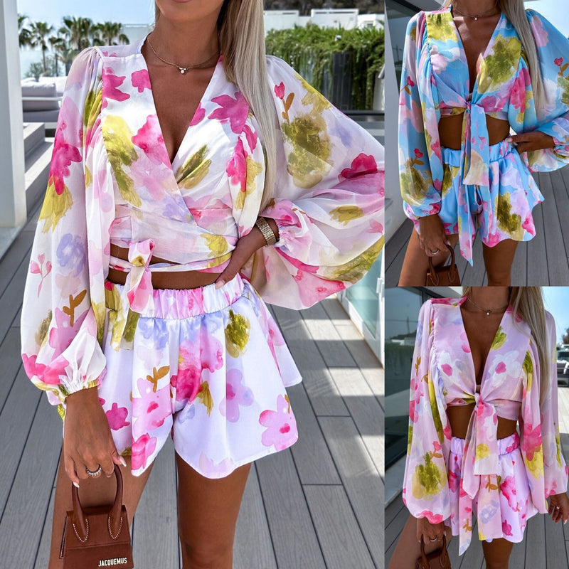 Chiffon Pleated Lantern Sleeve Long Sleeve V-neck Shirt Elastic Waist Straight Shorts Printing Suit