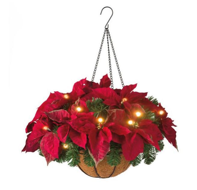 Pre-lit Artificial Christmas Hanging Basket, Mixed Decorations And White LED Lights