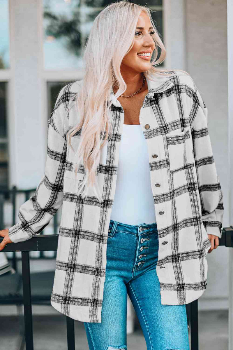 Plaid Curved Hem Dropped Shoulder Longline Shirt Jacket