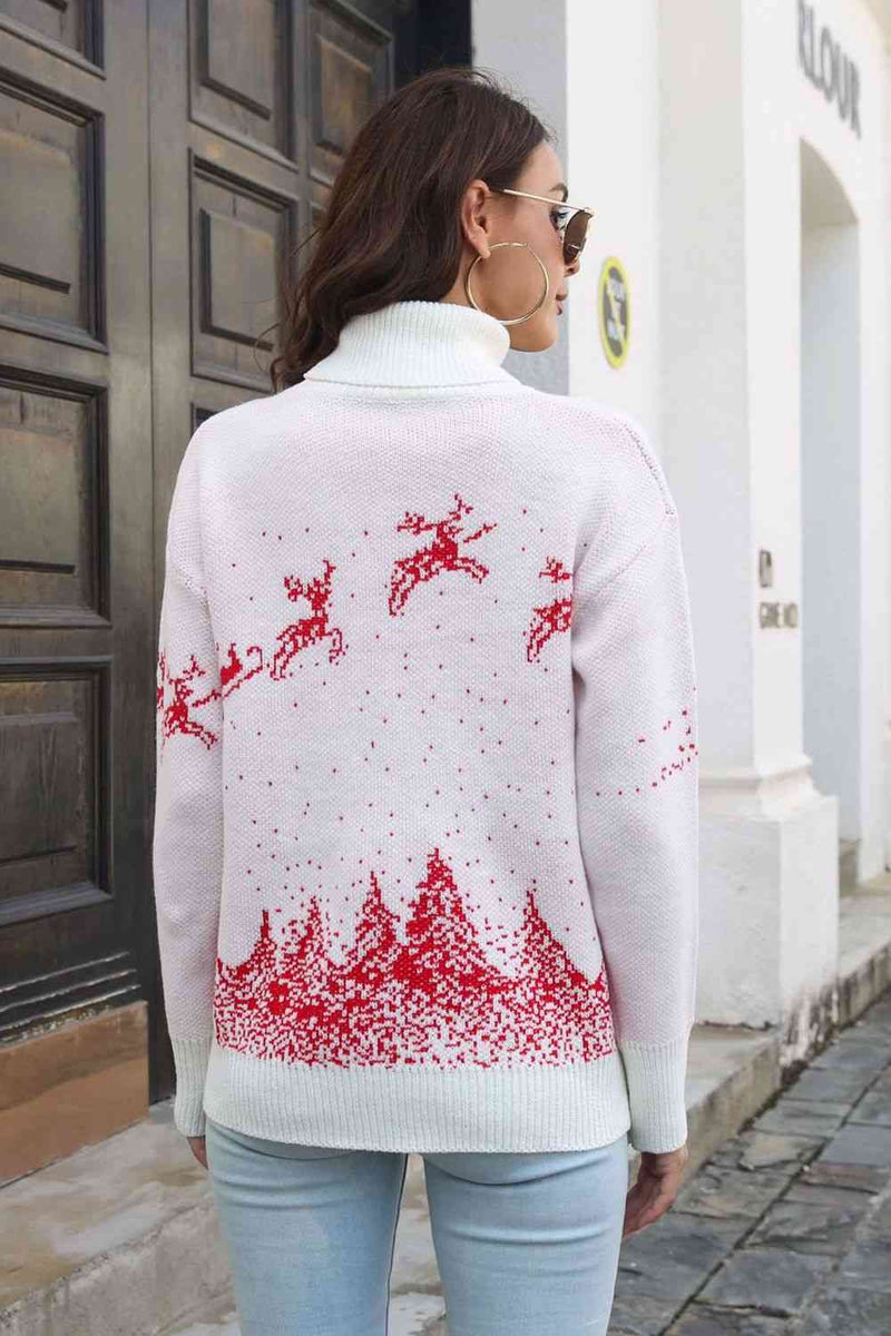 Suéter tipo jersey con cuello alto y estampado de reno y nieve