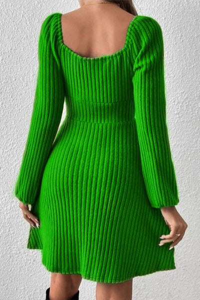 Ribbed Tied Square Neck Long Sleeve Mini Dress