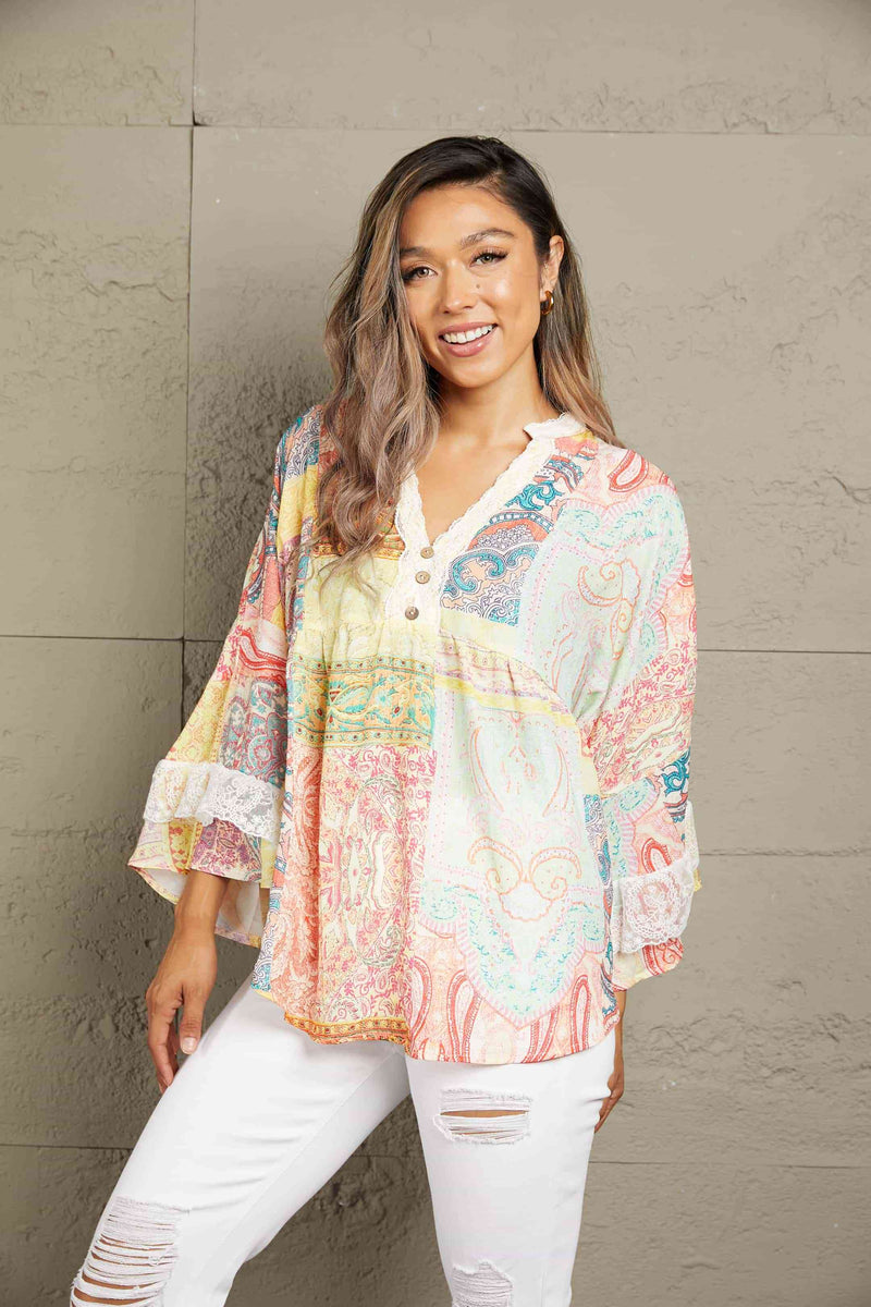 Double Take Printed Lace Trim Buttoned Blouse