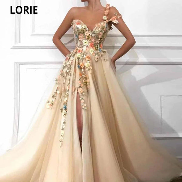 LORIE Elegant One Shoulder Prom Dresses Long 3D Floral Lace Applique Beaded Formal Evening Gown Party Dresses with High Split