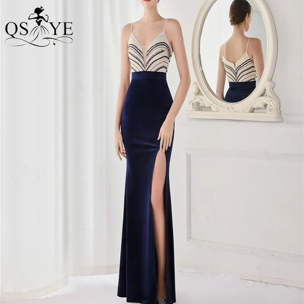 Spaghetti Straps Navy Prom Dresses Mermaid Sequin Evening Gown Sexy Split  V neck Shoulder Straps Deep Blue Party Formal Dresses