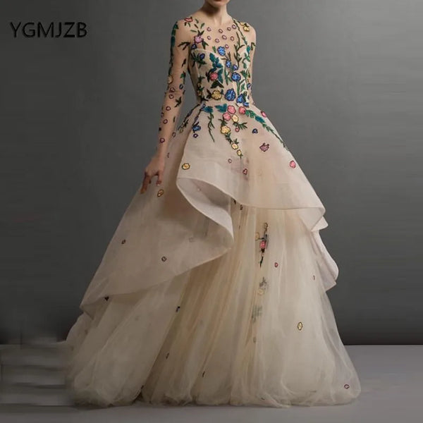 Champagne Evening Dress Ball Gowns Long Sleeves 3D Flower Lace Saudi Arabic Women Formal Evening Gown Prom Dress Robe De Soiree