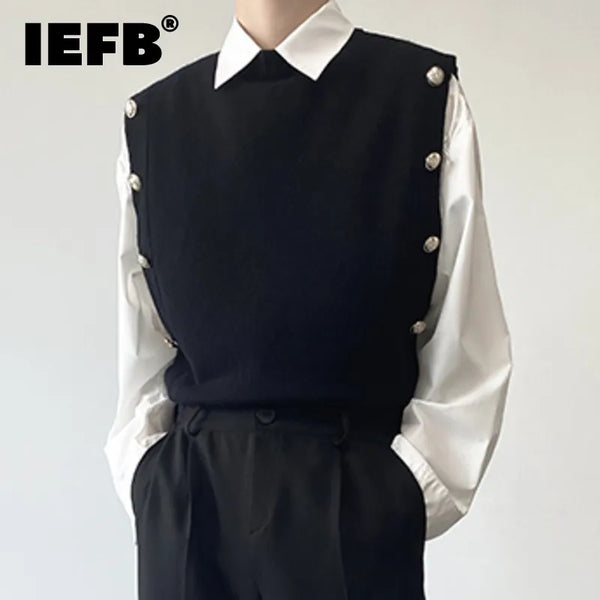 IEFB Menswear Preppy Style Fashion Chic Button Spliced Knitting Pullovers Men's New Round Neck Sweater Vest Autumn Winter 2023