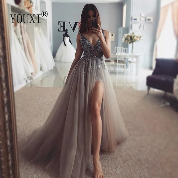 Beading Prom Dresses Long 2022 V Neck Light Gray High Split Tulle Sweep Train Sleeveless Evening Gown A-Line Backless Vestido De