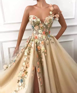 2023 Champagne Flowers Split A-Line Prom Dresses Women Party Night Long Appliques Evening Gown robes de soirée