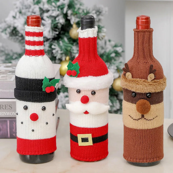 Creative Christmas Wine Bottle Cover Set Knitted Stripe Wool Acrylic Fiber Red Wine Champagne Bottle Xmas New Year Decor Sleeve