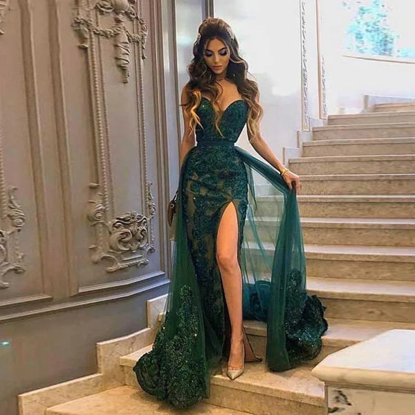 Elegant Green Sweetheart Evening Gown with Chest-top Applique Crystal Mermaid Slit and Floor Formal Party Dress for Women