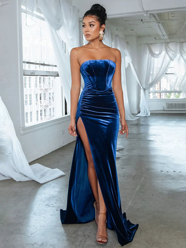 Sexy Backless Corset High Slit Elegant Velvet Evening Gown Dress Women 2022 Fashion Solid Party Club Formal Long Maxi Dresses