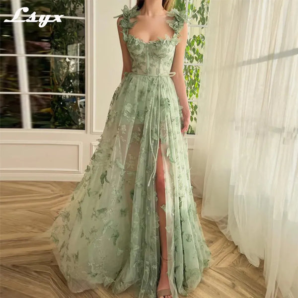 LSYX Sage Green 3D Lace Butterfiles Sweetheart Prom Dresses 2024 Spaghetti Straps A-Line High Slit Fairy Evening Gown