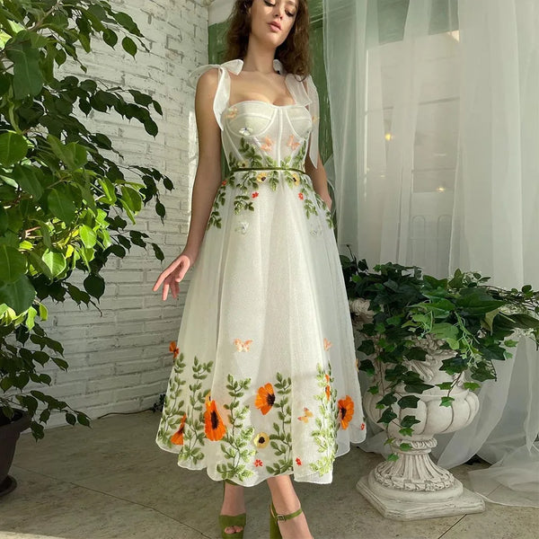 Sevintage Gorgeous Floral Flowers Butterfly Embroidery Prom Dresses Bow Straps Tea-Length A-Line Formal Party Dress Evening Gown