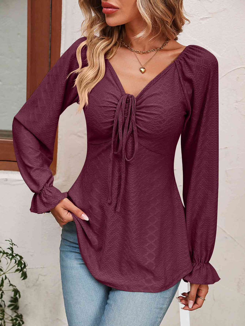 Tie Front V-Neck Puff Sleeve Blouse