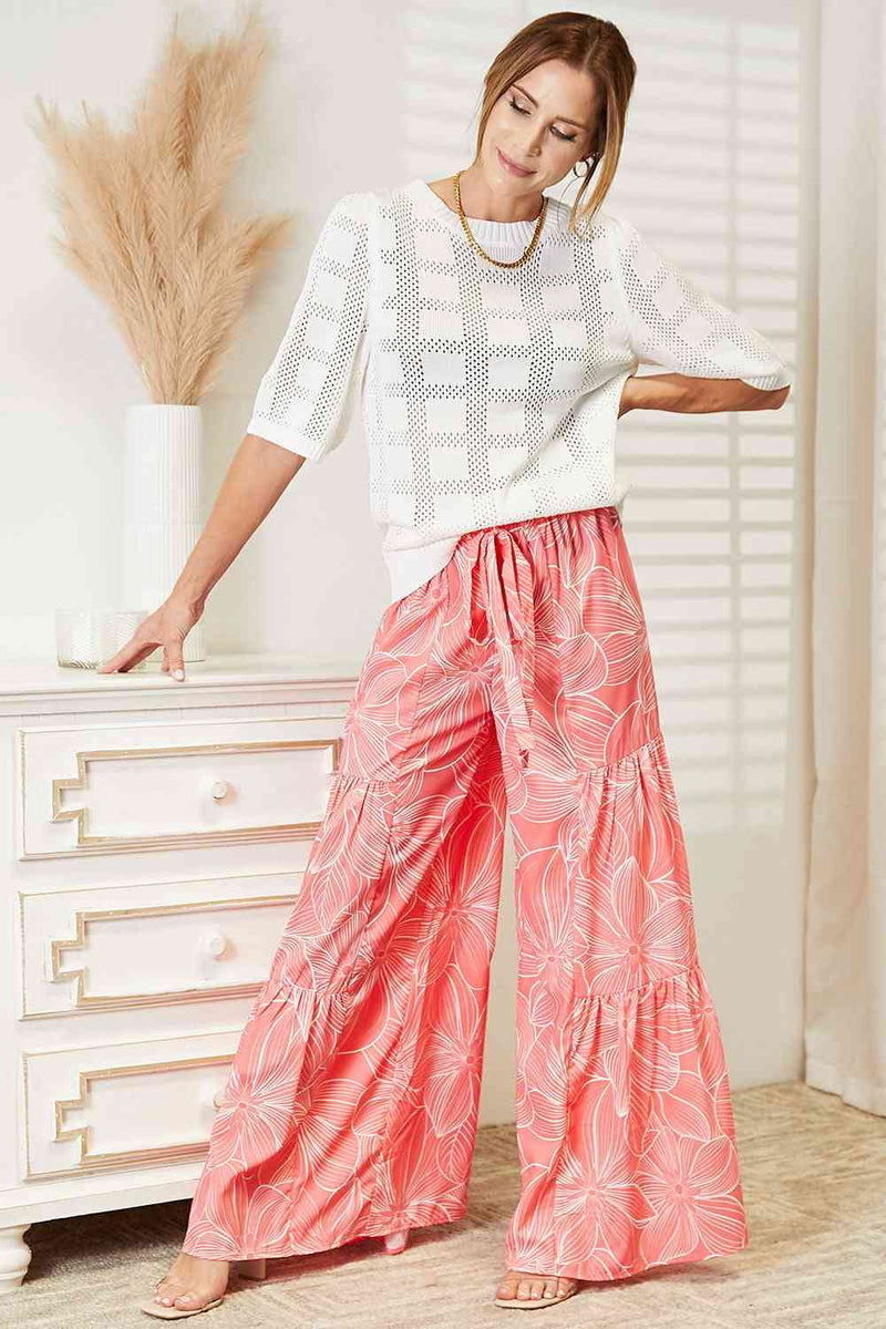 Double Take Floral Tiered Wide Leg Pants