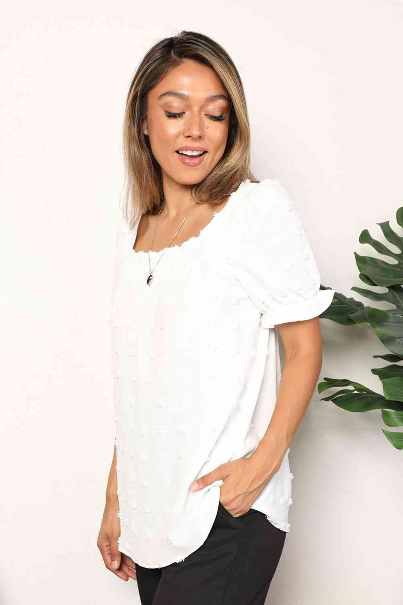 Blusa con cuello cuadrado y mangas abullonadas con lunares suizos de Double Take