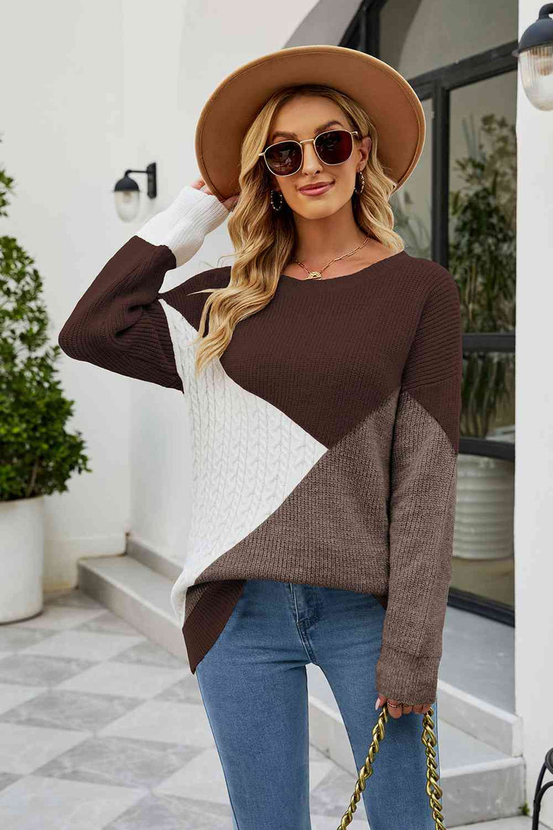 Color Block Round Neck Sweater