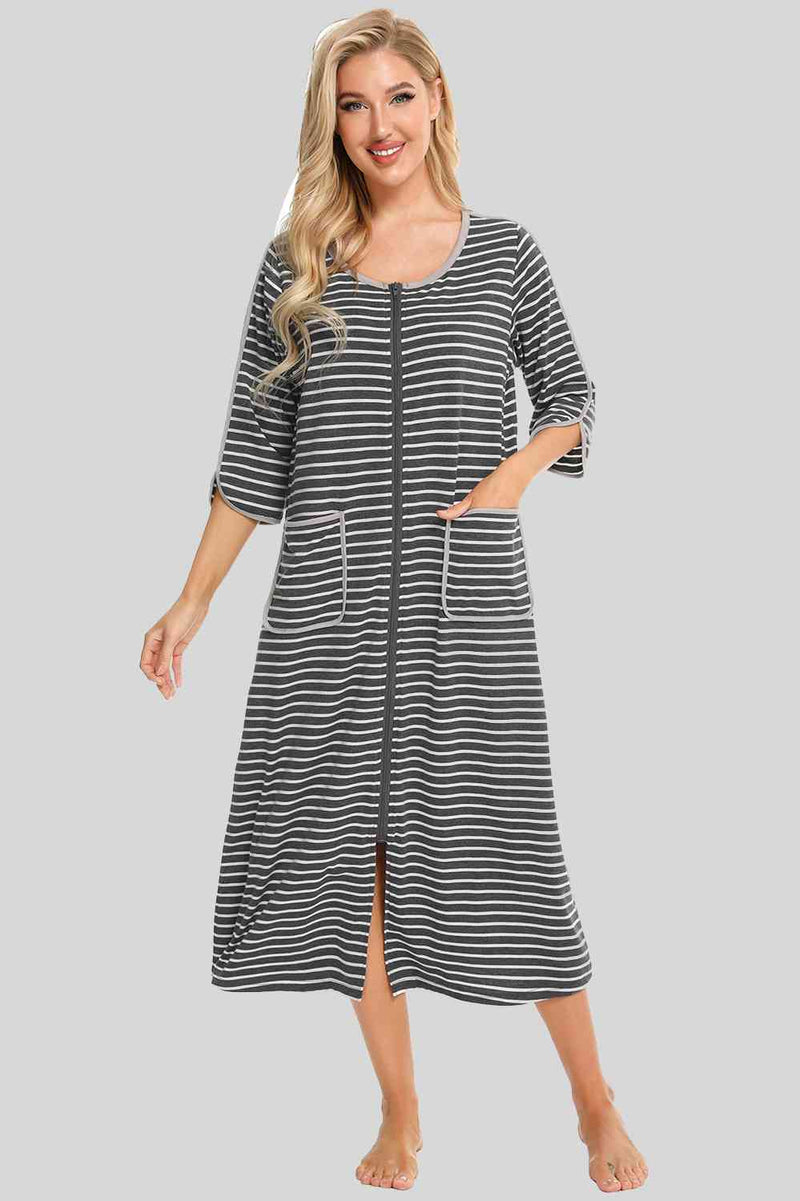 Round Neck Three-Quarter Sleeve Midi Night Dress