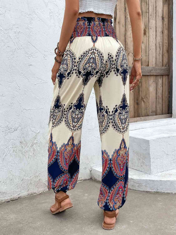 Pantalones de cintura alta con estampado fruncido